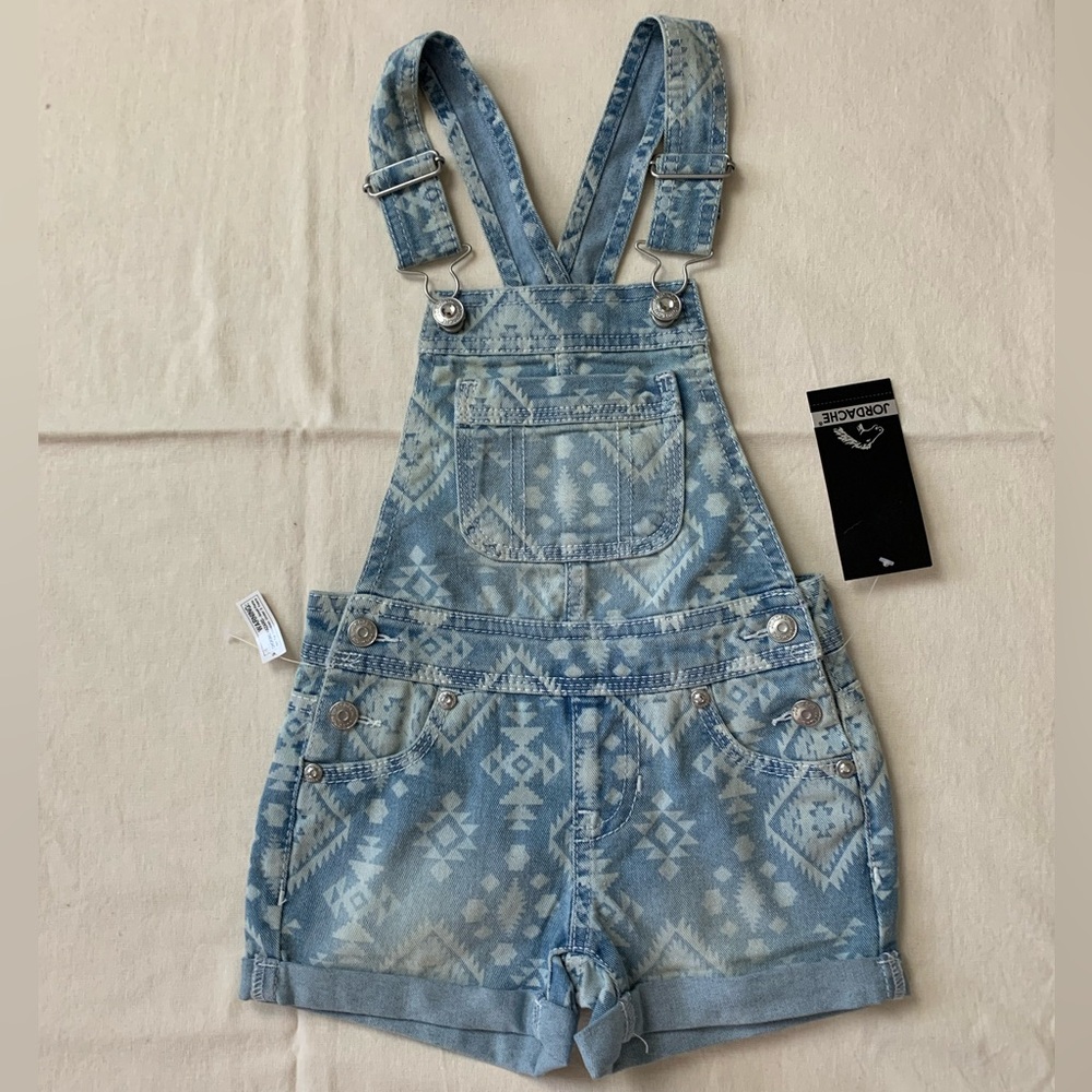 Jordache Girls Jeans Overalls Shortall Boho Prints Blue Light Wash XS 4/5🌸NWT